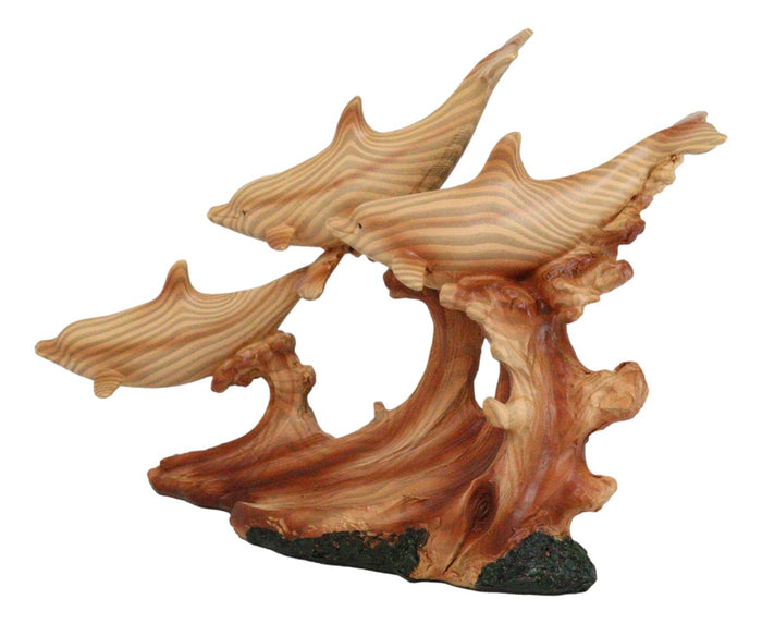 Nautical Marine Sea Ocean 3 Dolphins Swimming With Waves Faux Wood Figurine