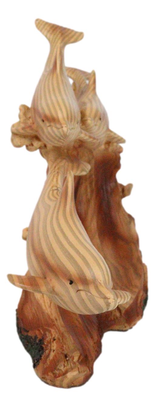 Nautical Marine Sea Ocean 3 Dolphins Swimming With Waves Faux Wood Figurine
