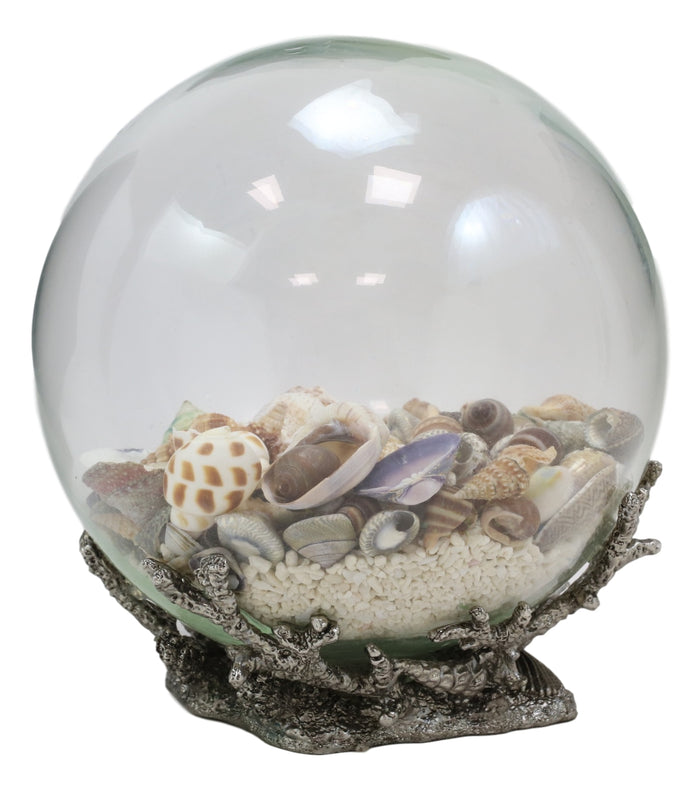 Nautical Marine Sea Shells Glass Globe Ball On Silver Coral Reef Metal Sculpture