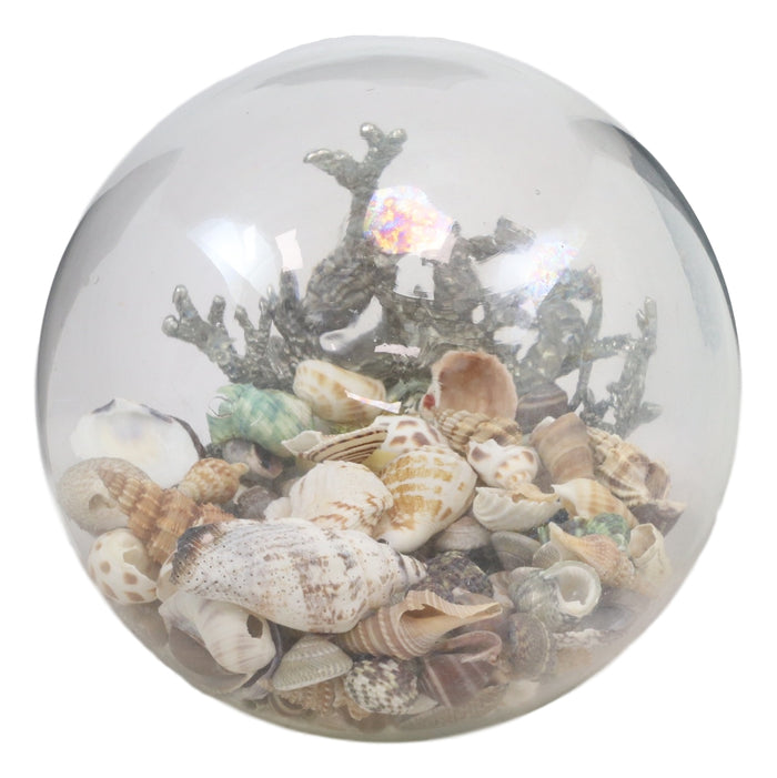 Nautical Marine Sea Shells Glass Globe Ball On Silver Coral Reef Metal Sculpture