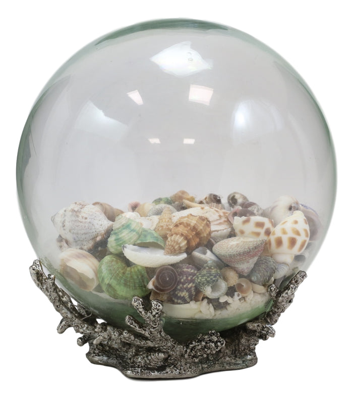 Nautical Marine Sea Shells Glass Globe Ball On Silver Coral Reef Metal Sculpture