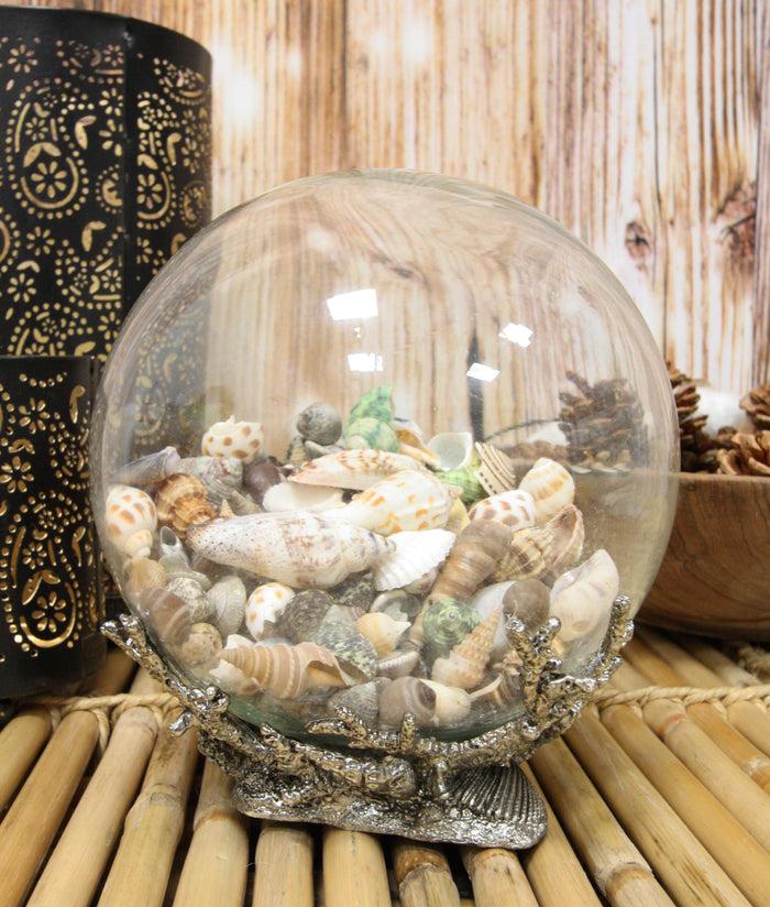 Nautical Marine Sea Shells Glass Globe Ball On Silver Coral Reef Metal Sculpture