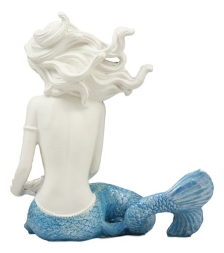 Nautical Ocean Goddess Pretty Mermaid With Blue Tail Holding Pearl Shell Statue