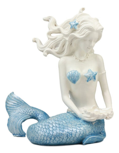 Nautical Ocean Goddess Pretty Mermaid With Blue Tail Holding Pearl Shell Statue