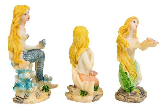 Nautical Sea Blonde Haired Mermaids With Colorful Tails Mini Figurines Set Of 3