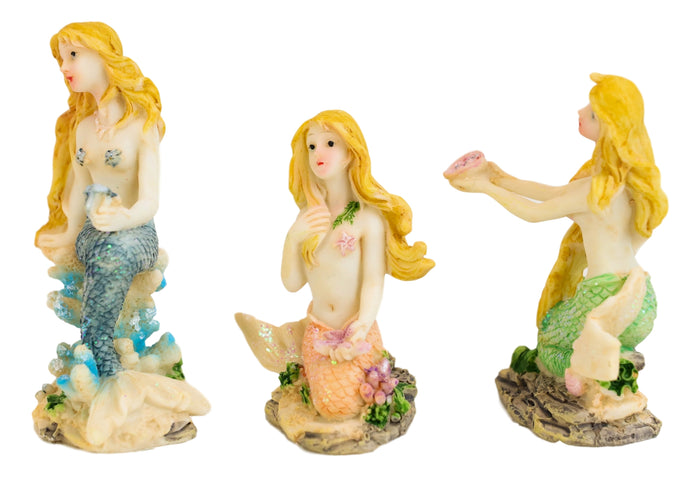 Nautical Sea Blonde Haired Mermaids With Colorful Tails Mini Figurines Set Of 3