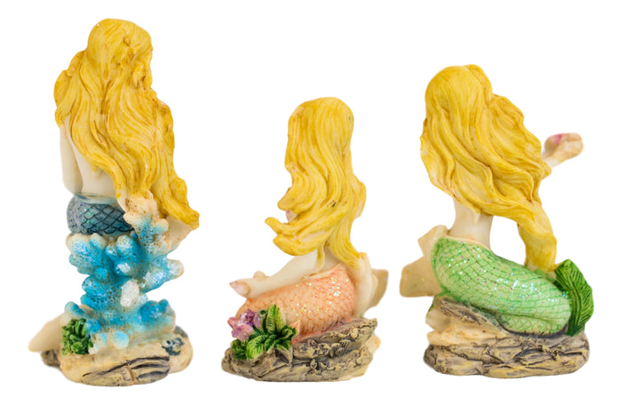 Nautical Sea Blonde Haired Mermaids With Colorful Tails Mini Figurines Set Of 3