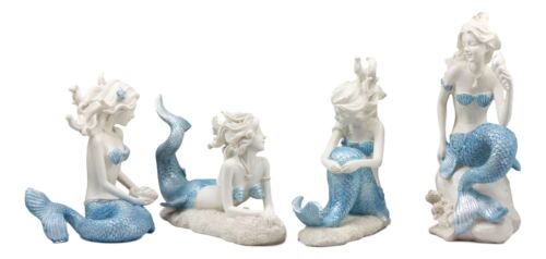 Nautical Sea World Ocean Mermaids With Blue Tails Statue Set Of 4 Coastal Decors