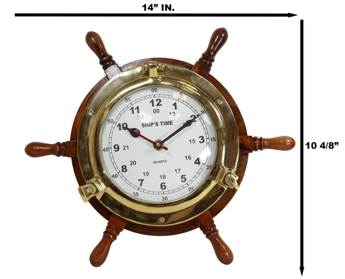 Nautical Vintage Wood And Brass 6 Spokes Ship Steering Helm Wheel Wall Clock