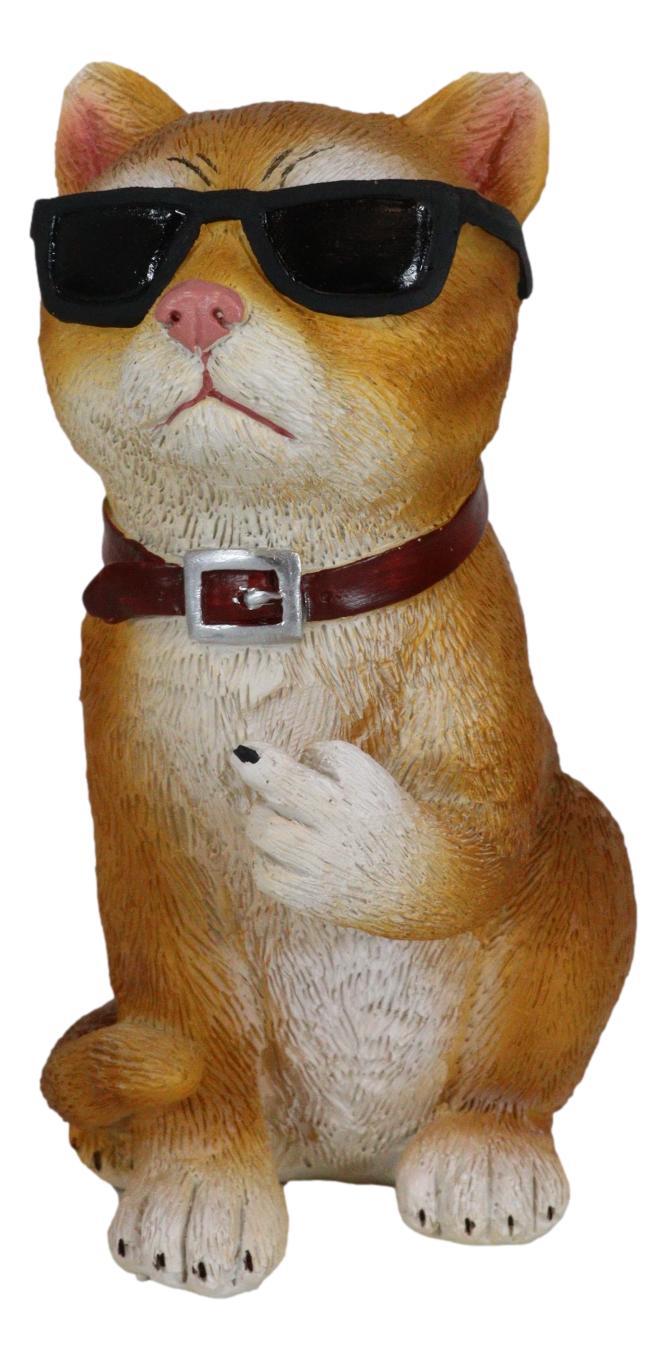 No Pussies Here Tabby Cat With Shades Flipping The Bird Middle Finger Figurine