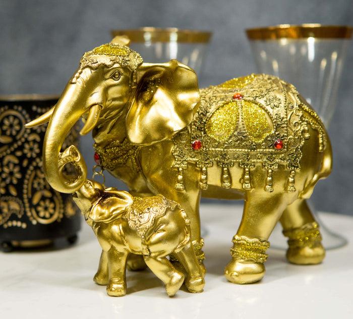 Noble Golden Decorated Elephant Embracing Calf Buddha Figurine Sculpture Noble Golden Decorated Elephant Embracing Calf Buddha Figurine Sculpture