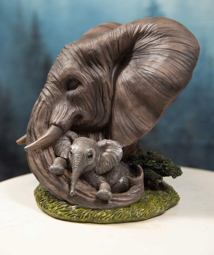 Noble Guardian Safari Elephant Protecting Calf By Green Grasslands Statue 12" H