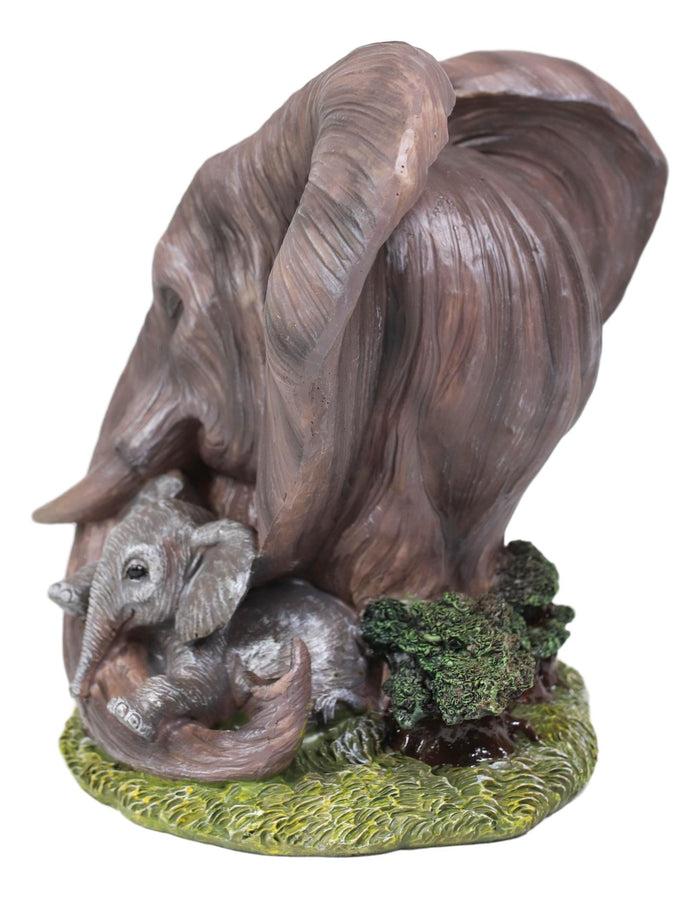 Noble Guardian Safari Elephant Protecting Calf By Green Grasslands Statue 12" H