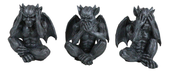 Notre Dame Gothic Winged See Hear Speak No Evil Sitting Gargoyles Figurine Set