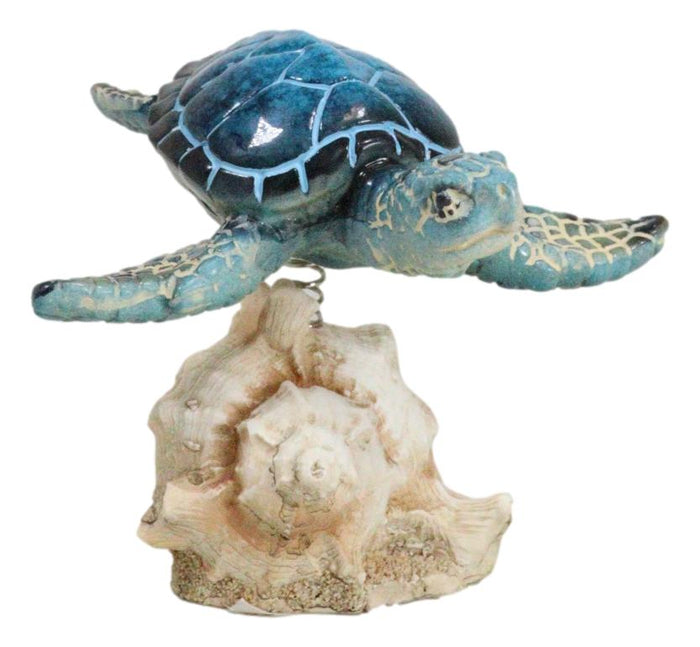 Ocean Marine Blue Sea Turtle Swimming Over Conch Shell Spring Bobble Figurine