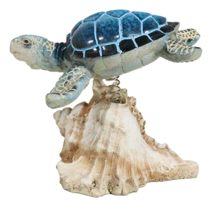 Ocean Marine Blue Sea Turtle Swimming Over Conch Shell Spring Bobble Figurine