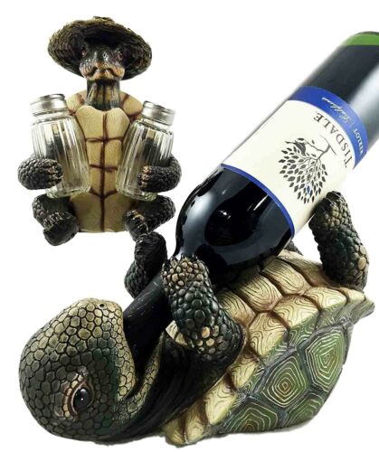Old Wise Turtle Tortoise Wine Holder & Salt Pepper Shakers Holder Figurine Set
