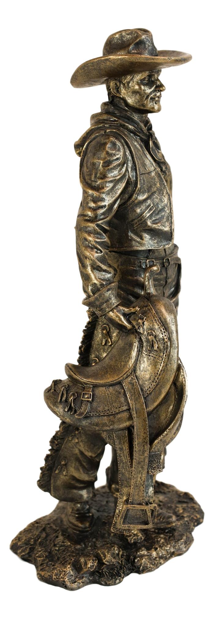 Old World Rustic Western Cowboy Holding Horse Saddle And Rifle Gun Statue 12"H