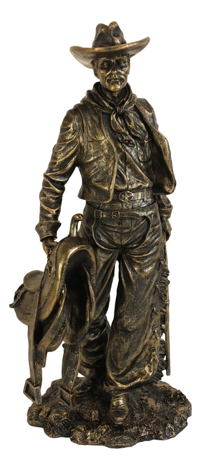 Old World Rustic Western Cowboy Holding Horse Saddle And Rifle Gun Statue 12"H