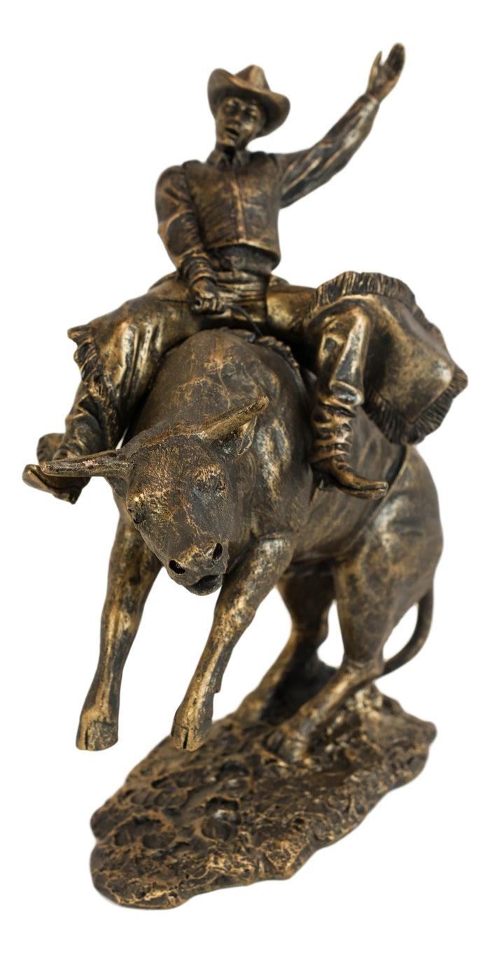 Old World Rustic Western Cowboy Riding A Rearing Angry Bull Rodeo Statue 10"H