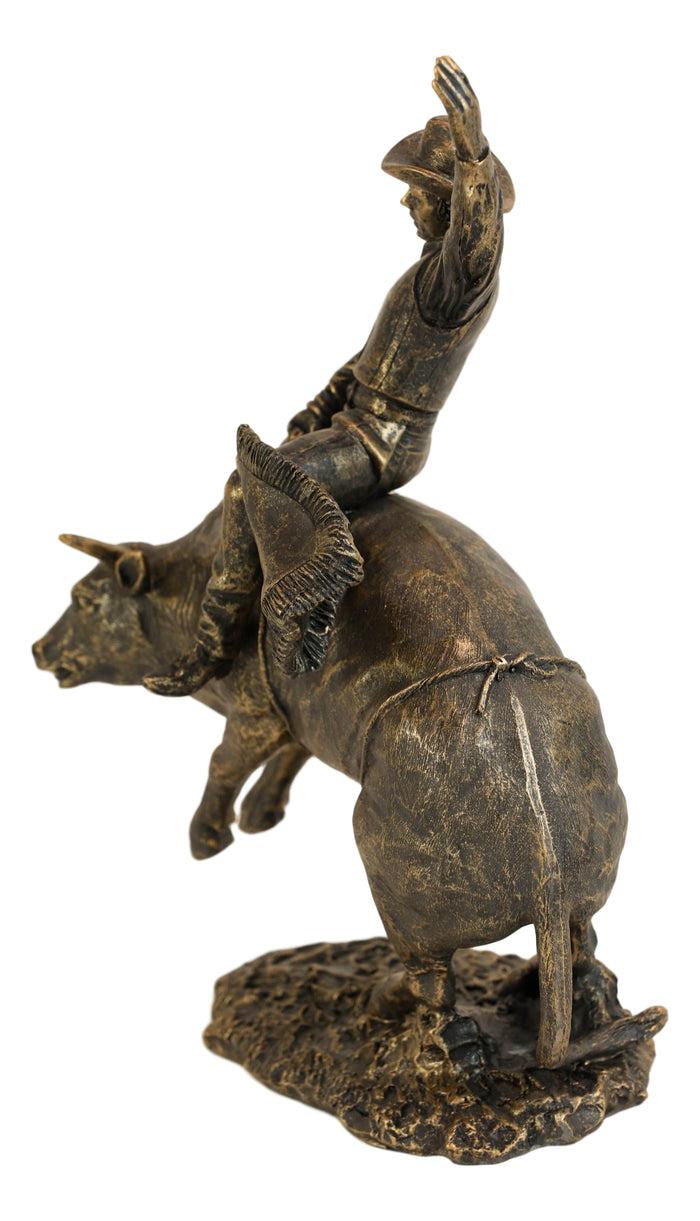 Old World Rustic Western Cowboy Riding A Rearing Angry Bull Rodeo Statue 10"H