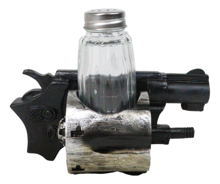 Old World Western Pistol Gun With Giant Barrels Salt Pepper Shakers Holder Set