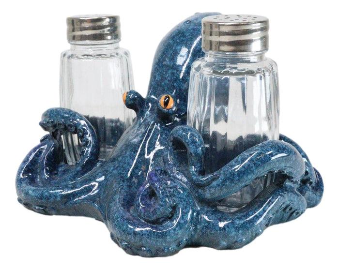 Onyx Blue Nautical Marine Cephalopod Octopus Salt Pepper Shakers Holder Set