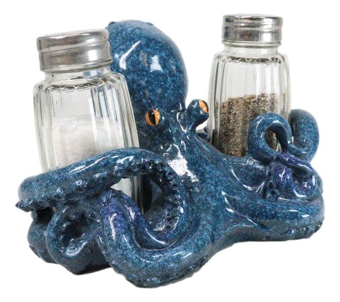 Onyx Blue Nautical Marine Cephalopod Octopus Salt Pepper Shakers Holder Set