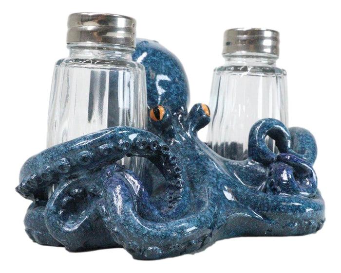 Onyx Blue Nautical Marine Cephalopod Octopus Salt Pepper Shakers Holder Set