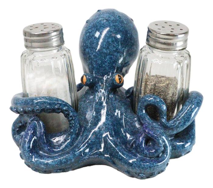 Onyx Blue Nautical Marine Cephalopod Octopus Salt Pepper Shakers Holder Set
