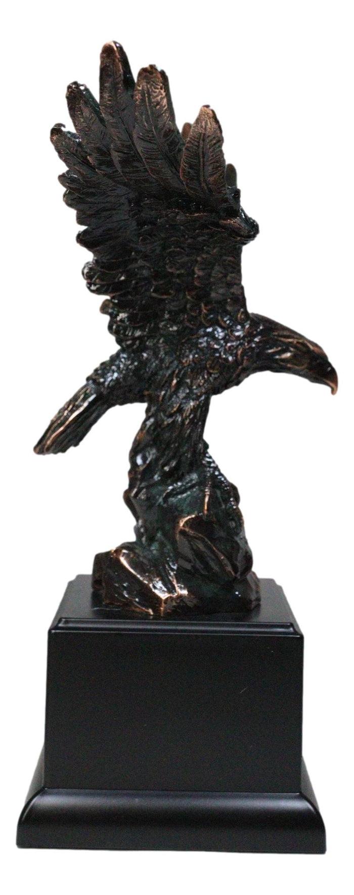Open Winged American Bald Eagle Perching On Rocky Hill Figurine With Base