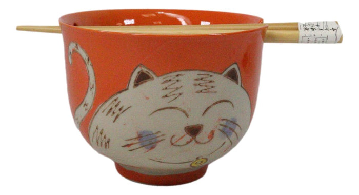 Orange Chubby Kitty Cat Ceramic Donburi Ramen Soup Bowl With Chopsticks Set Orange Chubby Kitty Cat Ceramic Donburi Ramen Soup Bowl With Chopsticks Set