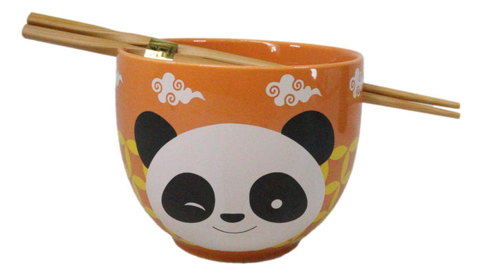 Orange Lucky Panda Bear Ceramic Donburi Ramen Soup Bowl With Chopsticks Set Orange Lucky Panda Bear Ceramic Donburi Ramen Soup Bowl With Chopsticks Set