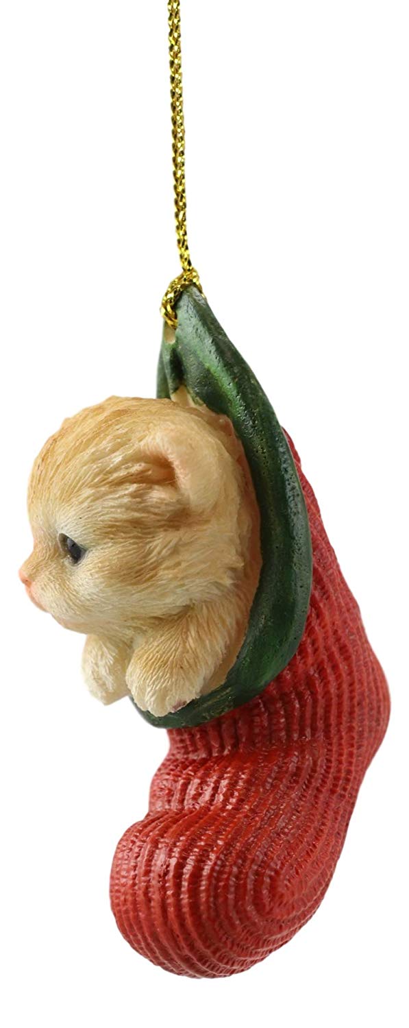 Orange Tabby Cat Kitten In The Sock Small Hanging Ornament Figurine & Glass Eyes