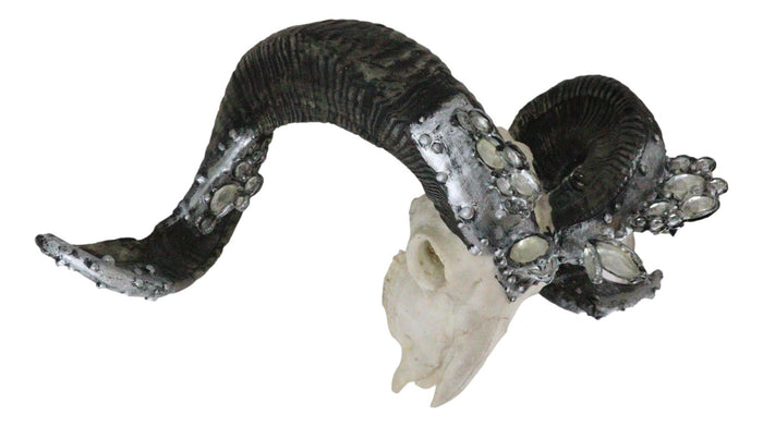 Ornate Crystal Gems Silver Bolted Bighorn Sheep Ram Skull Desktop Or Wall Plaque