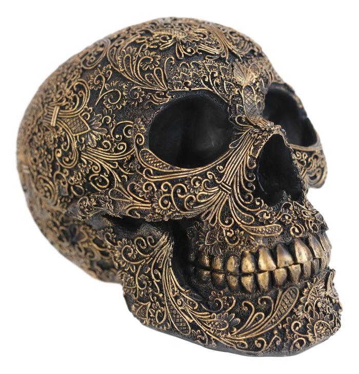 Ornate Tooled Floral Lace Fleur De Lis Royalty Cross Skull Decorative Figurine