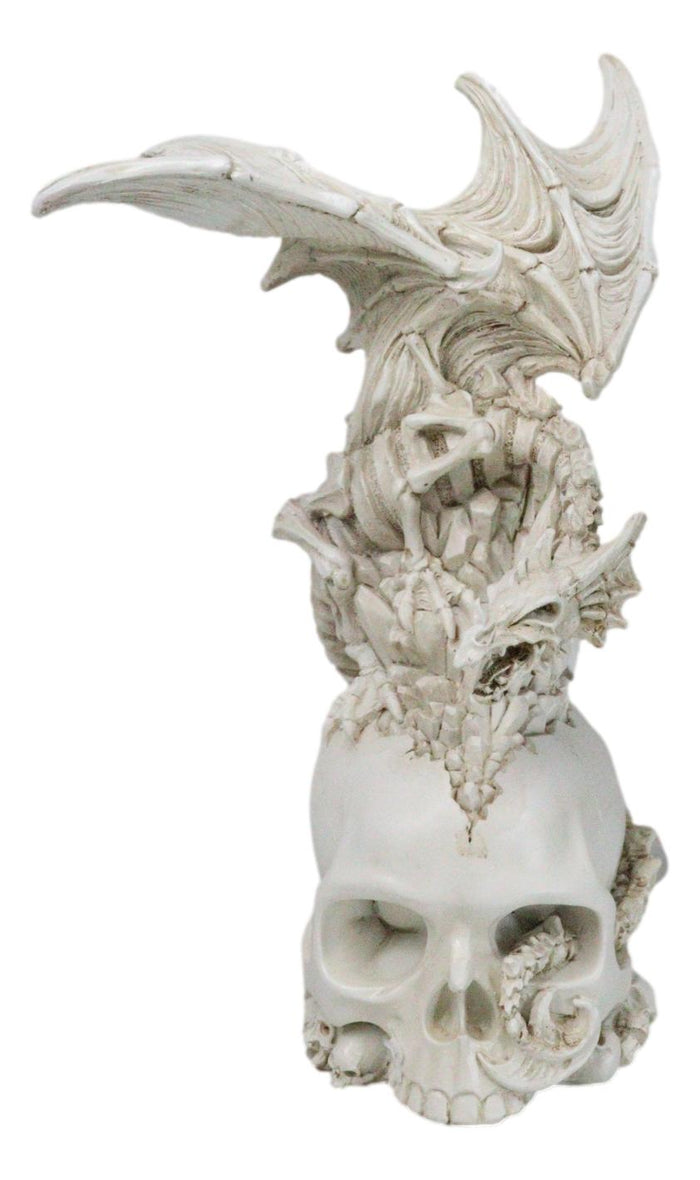 Ossuary Macabre Skeleton Bone Dragon Perching On Gothic White Skull Figurine Ossuary Macabre Skeleton Bone Dragon Perching On Gothic White Skull Figurine