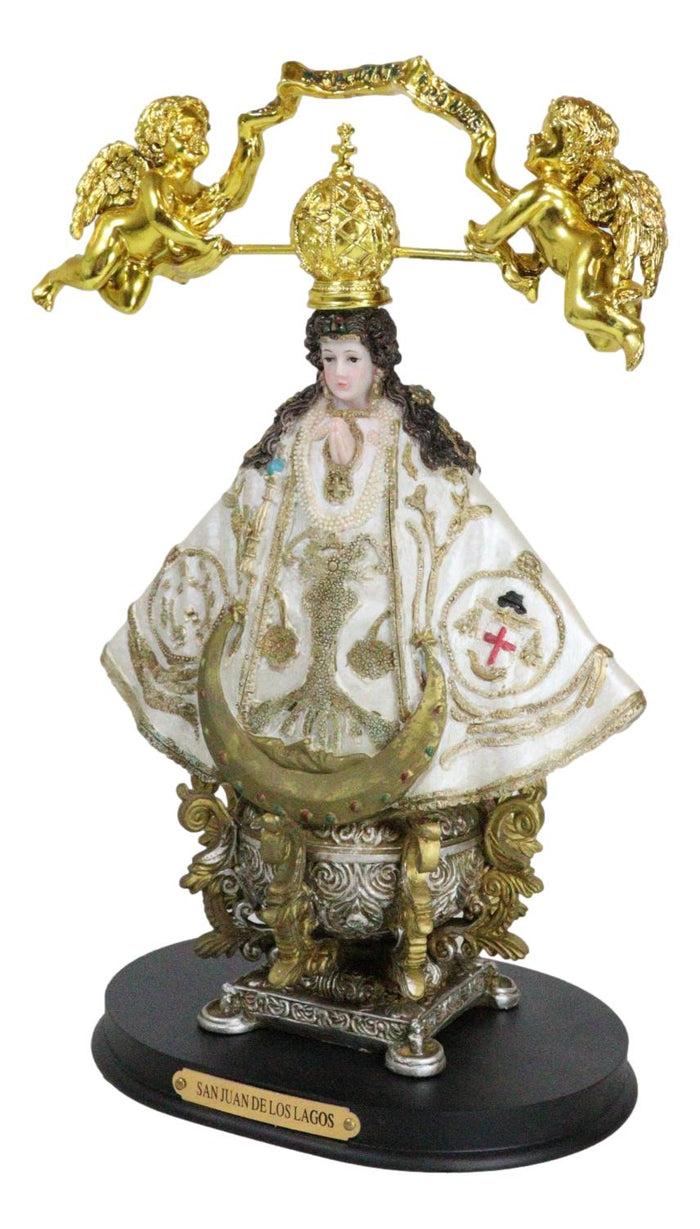 Our Lady Of San Juan De Los Lagos Golden Crown And Angels Regal White Figurine