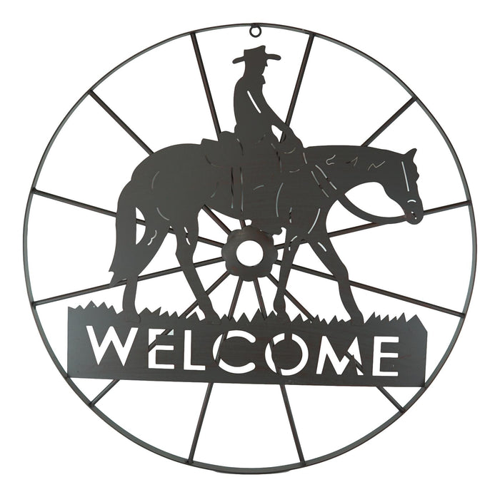 Oversized 24"D Rustic Cowboy Riding Horse Wagon Wheel Welcome Sign Wall Decor