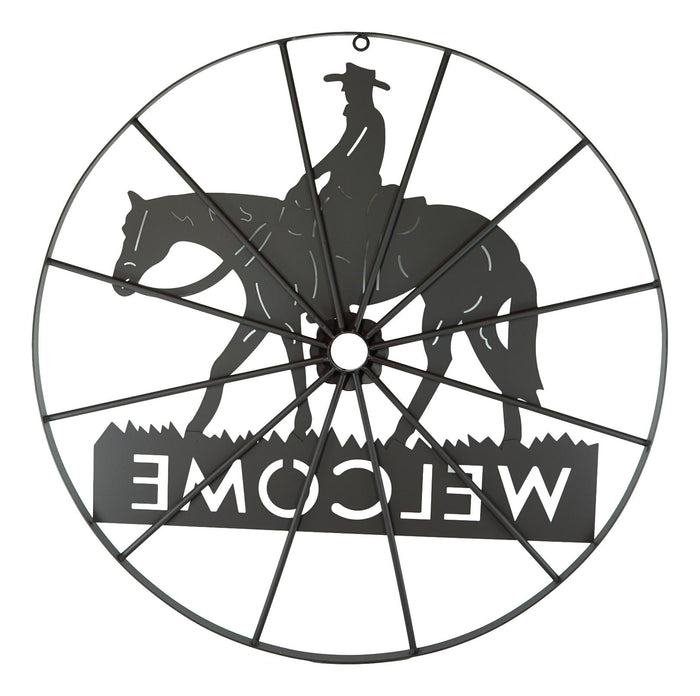 Oversized 24"D Rustic Cowboy Riding Horse Wagon Wheel Welcome Sign Wall Decor