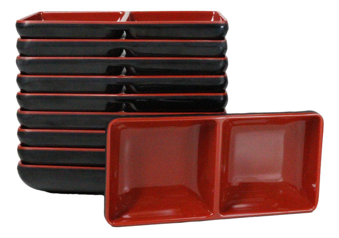 Pack Of 10 Red And Black Melamine Dipping Sauce Or Condiment 2 Partition Dishes