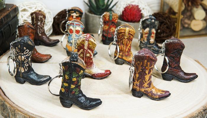 Pack Of 12 Western Cowboy Cowgirl Faux Tooled Leather Boots Keychain Figurines