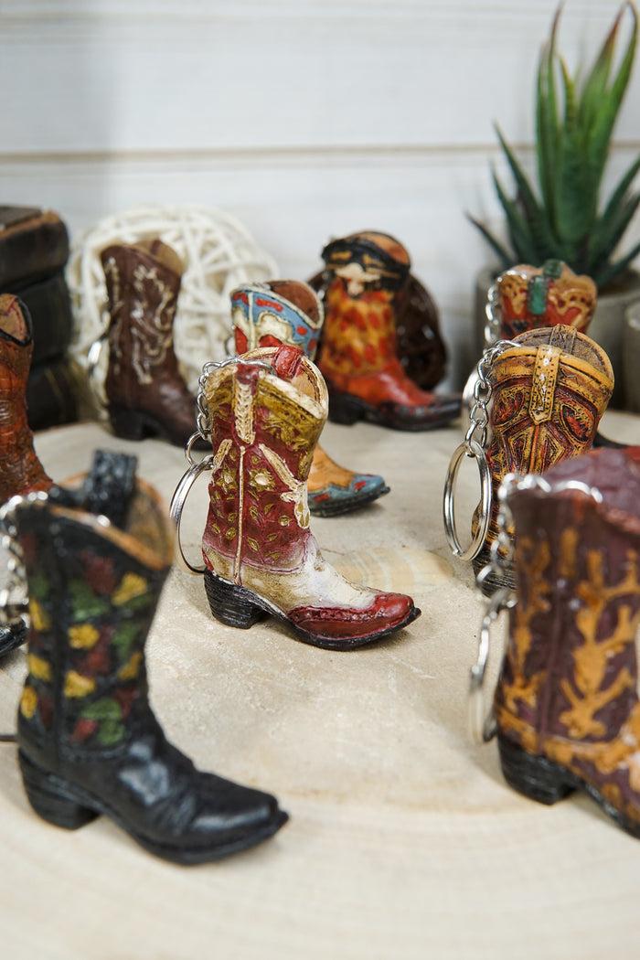Pack Of 12 Western Cowboy Cowgirl Faux Tooled Leather Boots Keychain Figurines