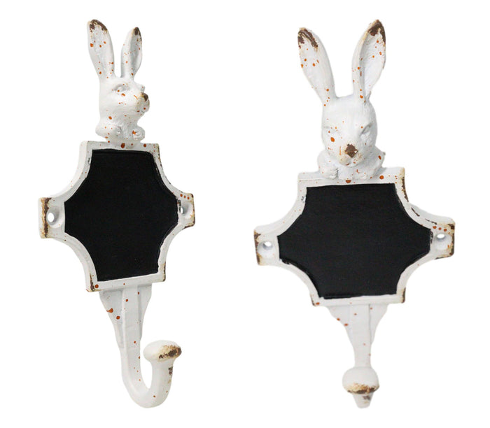 Pack Of 2 Antique White Pewter Bunny Rabbit Head Wall Coat Hooks With Chalkboard