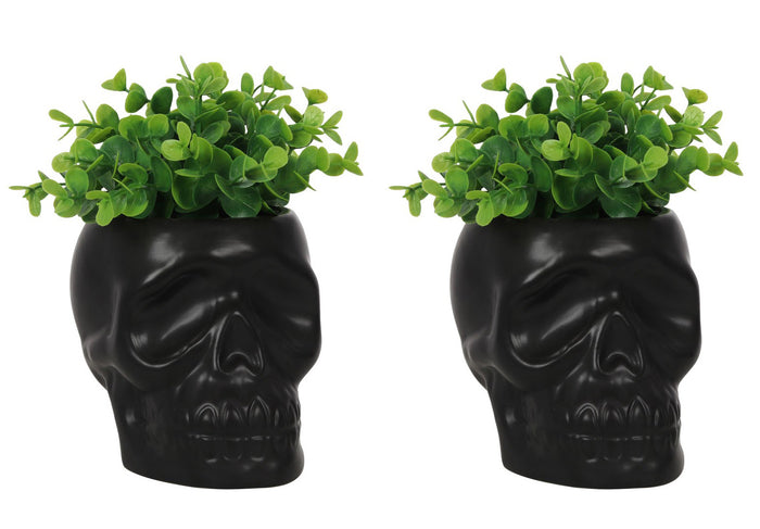 Pack Of 2 Black Ceramic Day Of The Dead Ghastly Skull Planter Bowl Pot Figurine