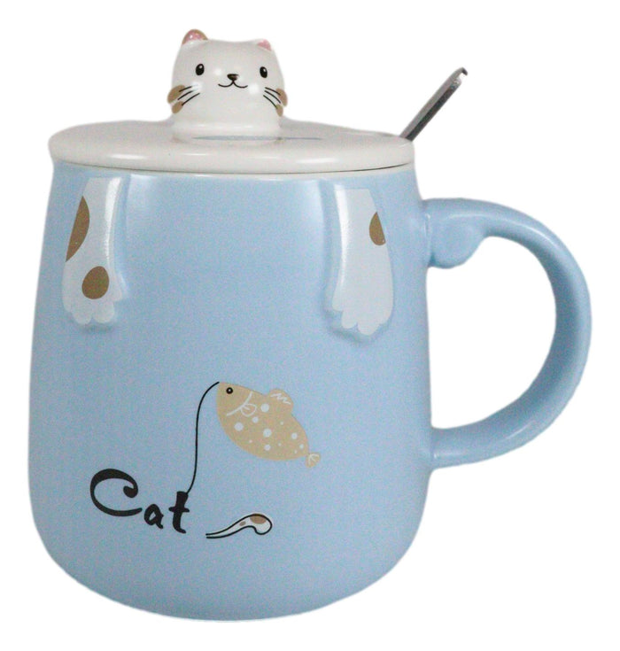 Pack Of 2 Blue Calico Cat Catching Fish Tea Coffee Mug With Lid And Spoon 15oz