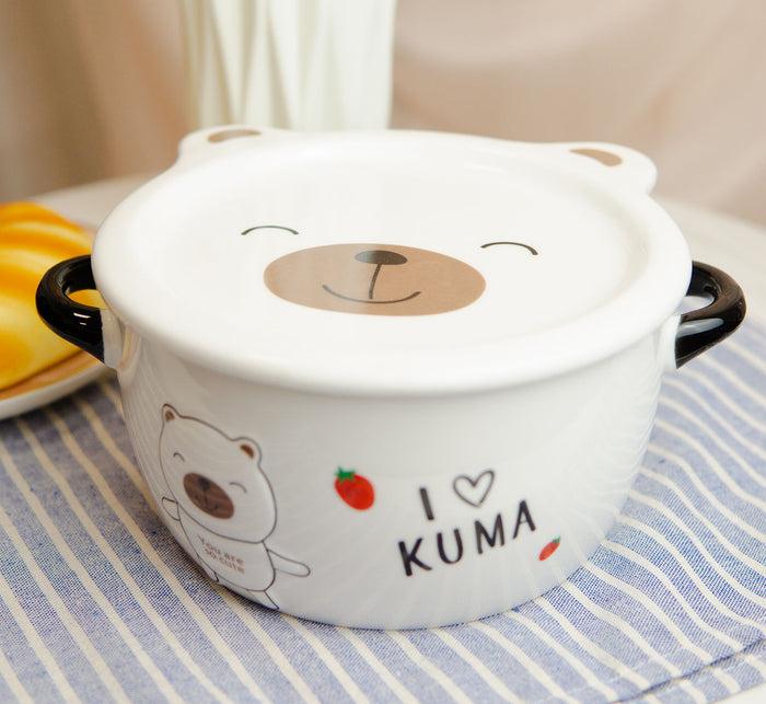 Pack Of 2 Brown And White Kuma Bear Porcelain Kids Food Bowls 25Oz W/ Lid Plate