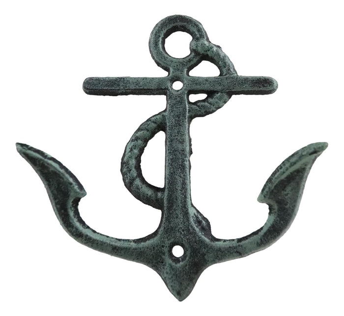 Pack Of 2 Cast Iron Rustic Verdigris Sailor Ocean Ship Anchor Double Wall Hooks