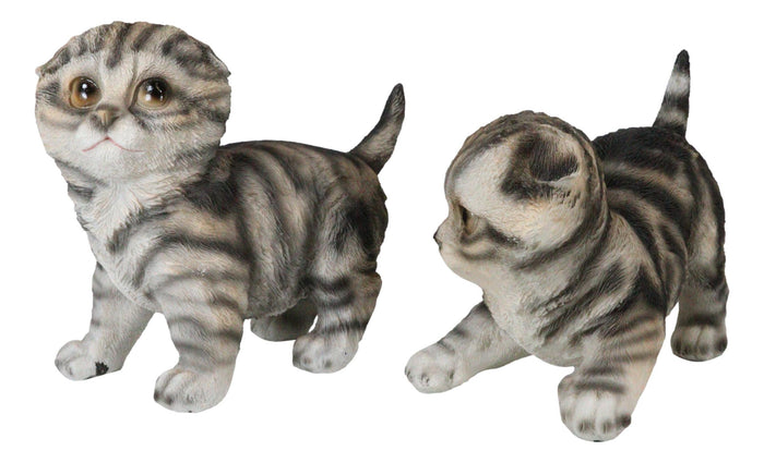 Pack Of 2 Lifelike Adorable Playful Feline Gray Tabby Cats Kittens Figurines