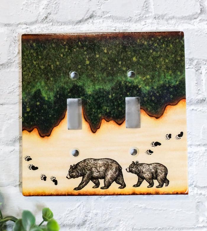 Pack Of 2 Rustic Forest Mama Bear And Cub Double Toggle Switch Wall Outlet Plate